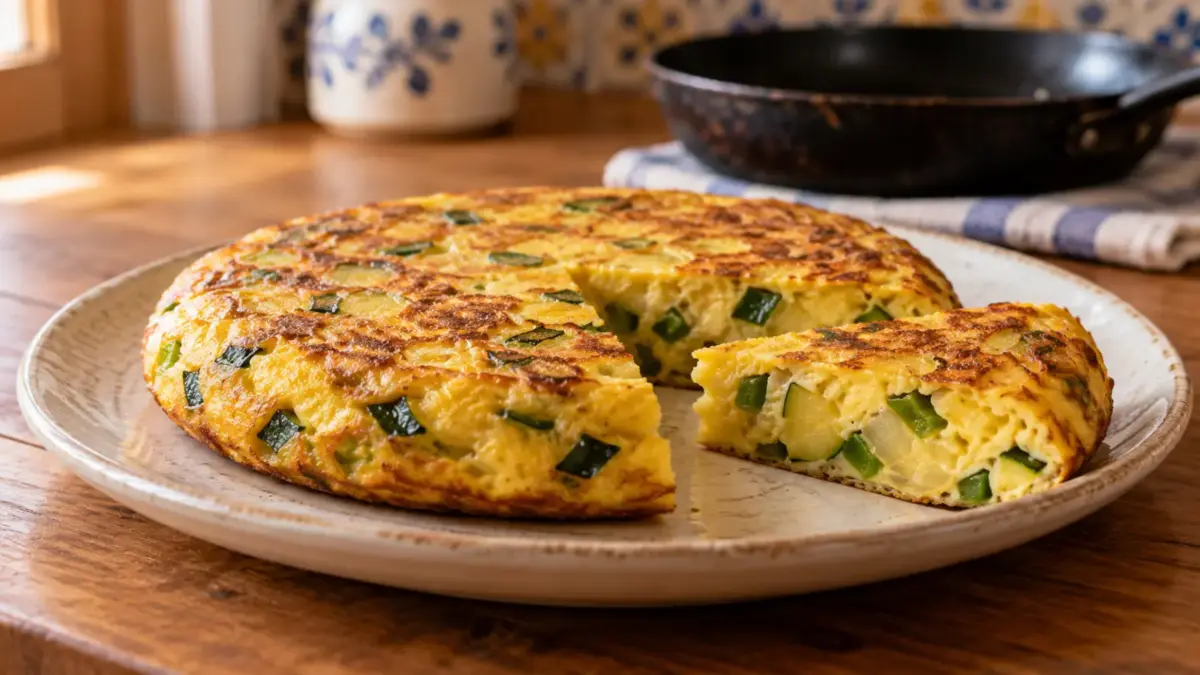 Tortilla de verduras con una cuña separada que muestra calabacín, cebolla y pimiento verde en el corte.