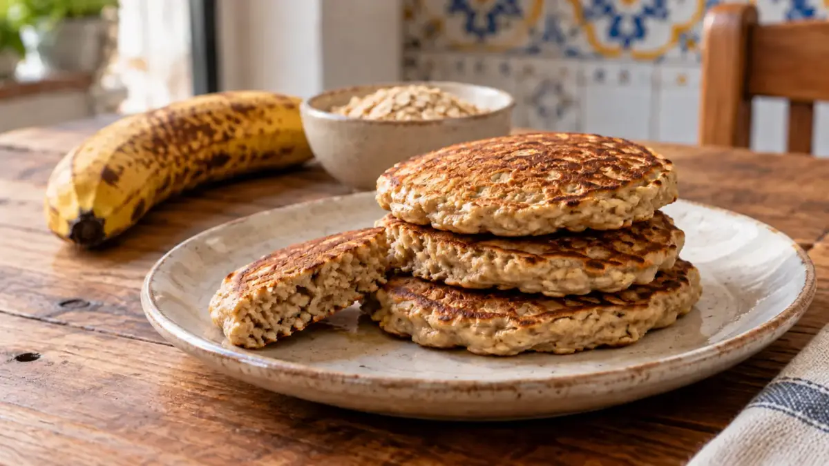 Tortitas apiladas y una porción cortada en un plato de cerámica, con plátano y copos de avena al fondo.