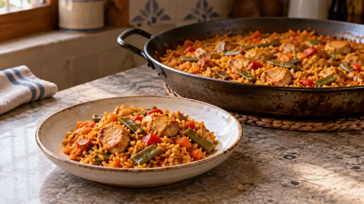 Plato de arroz con pollo, pimiento, judías verdes y zanahoria, con una cazuela al fondo sobre la encimera.